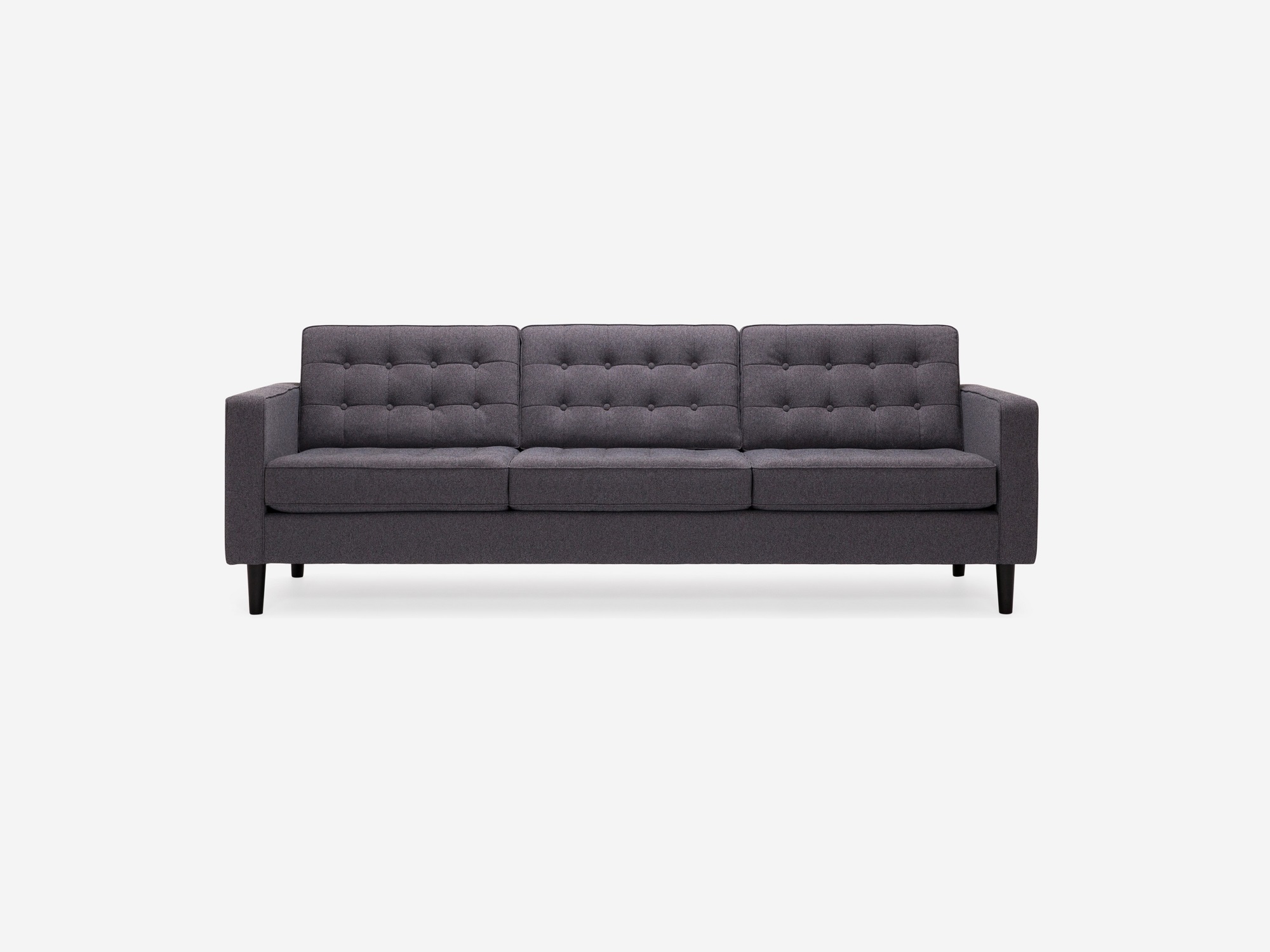 Front view of our mid century modern sofa, the Reverie 92", upholstered in grey fabric